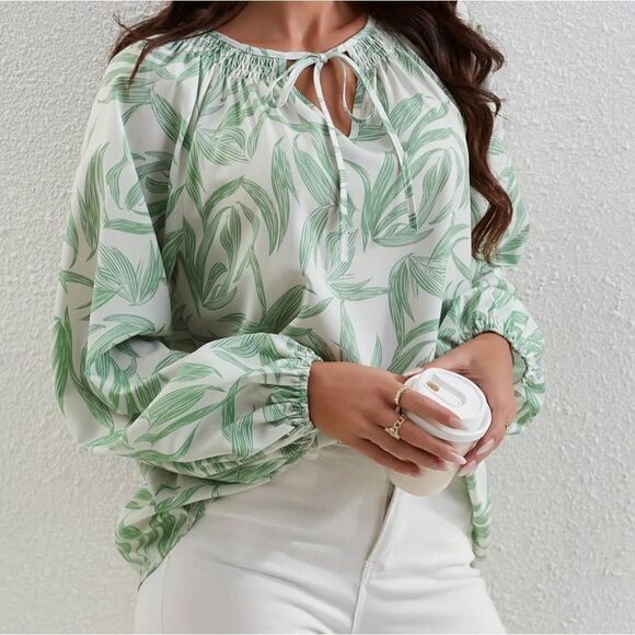 Like New Women's Size Large Long Sleeve Leaf Print Tie Neck Blouse - Picture 3 of 13